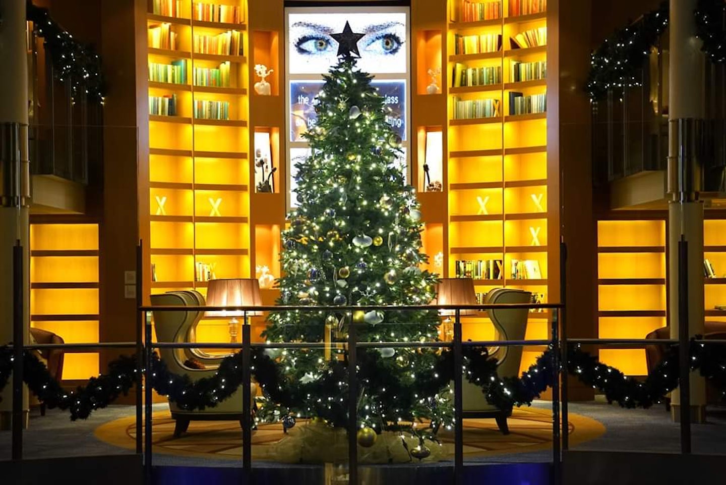 The library of the ship decorated for Christmas. 