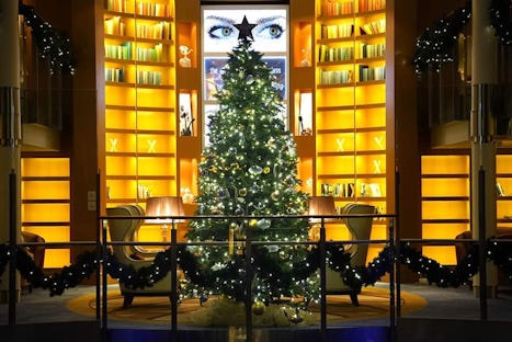 The library of the ship decorated for Christmas. 