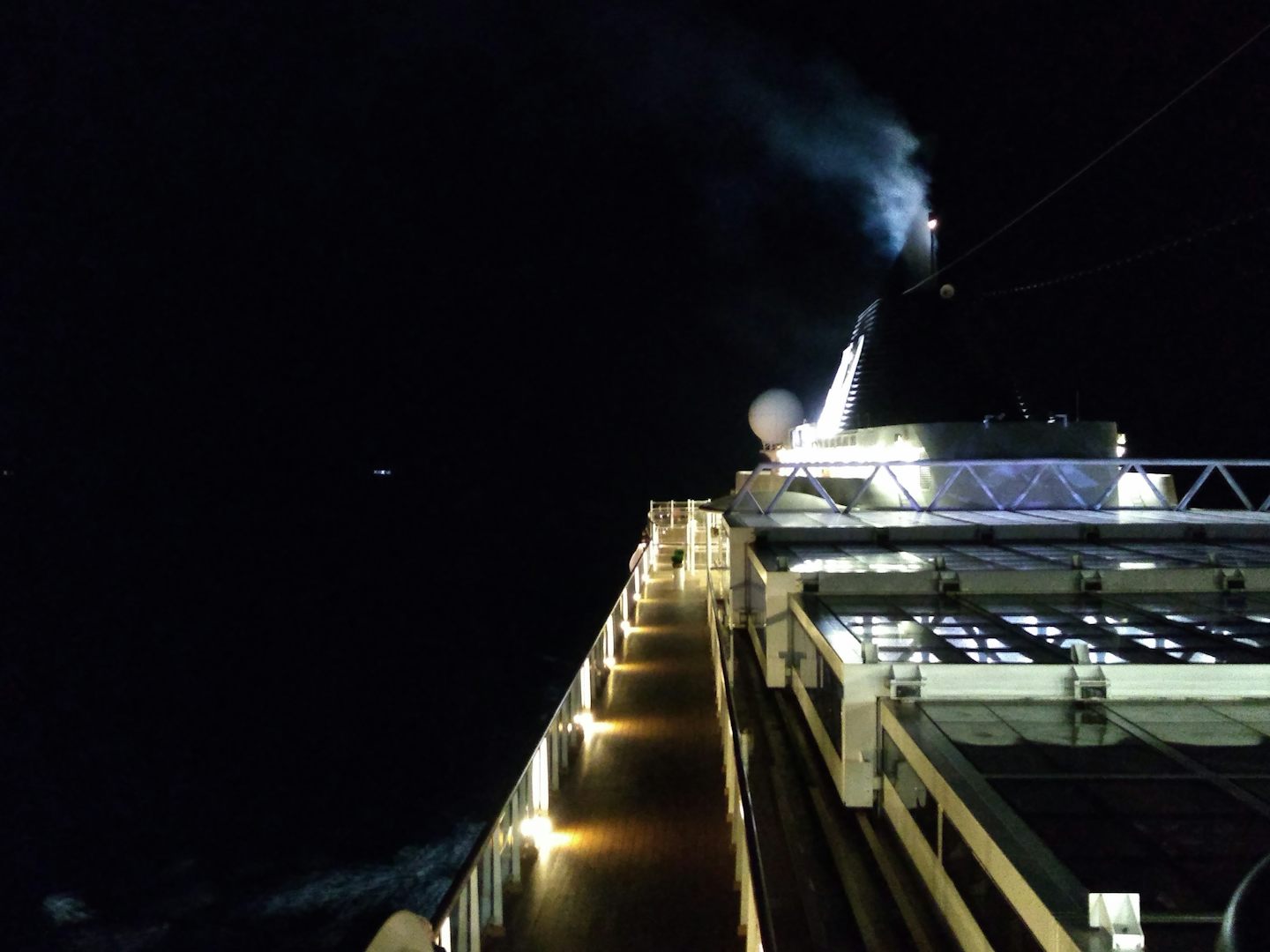 Upper deck at night, passing through the straights of Gibraltar