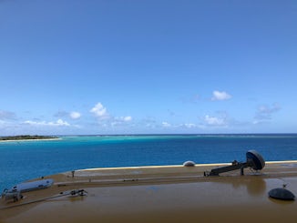 View to Mystery Island from our obstructed balcony, starboard side.