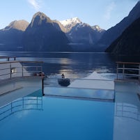 Early morning on Le Laperouse waiting to go on zodiac in Milford Sound