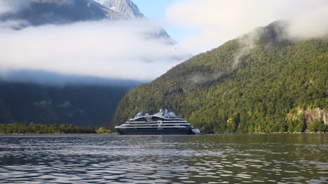 Le Laperouse in the misty, cloudy beauty of  Milford Sound