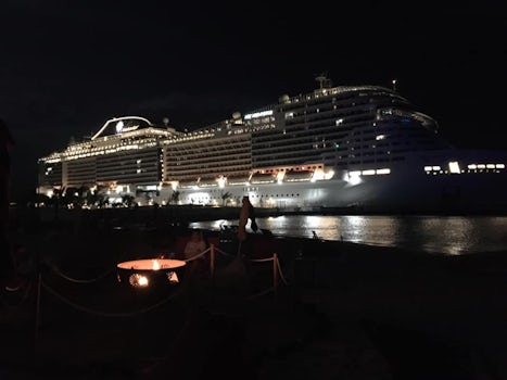 Ship at night, while docked at Ocean Cay.
