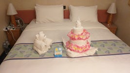 Cabin staff made a towel cake and left on the bed for my wife's birthday