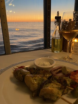 Souvlaki at sunset in Cyprus dining room.