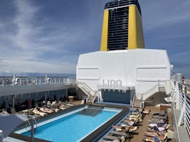 Sunbathing by the Lido while crossing the North Sea.