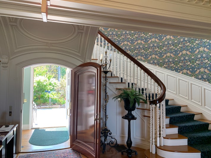 La Rochelle Mansion entranceway - one of the few cottages (mansions!) that survived the devastating fire of 1947 that razed 170 permanent homes and five large historic  hotels in the Bar Harbor area