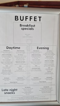 Typical buffet menu, on show from breakfast onwards. Some of the veggie options at lunch, dinner and late night snacks never appeared though...