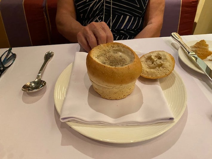 Prego Specialty Restaurant (Italian) Mushroom Soup in a Bread bowl. My wife favorite of anything on the cruise.