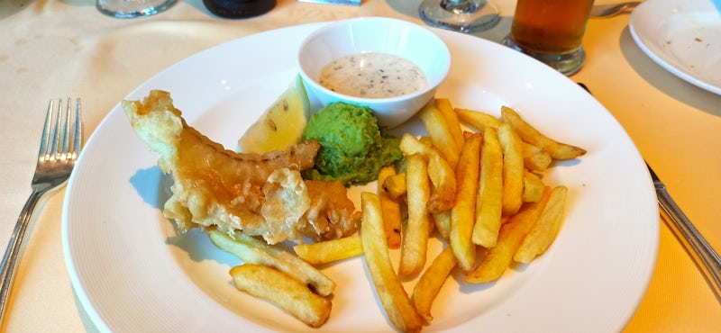 Fish and Chip from the Pub Lunch Menu (Sea Day). Note small fish portion. More like a fish guijon.