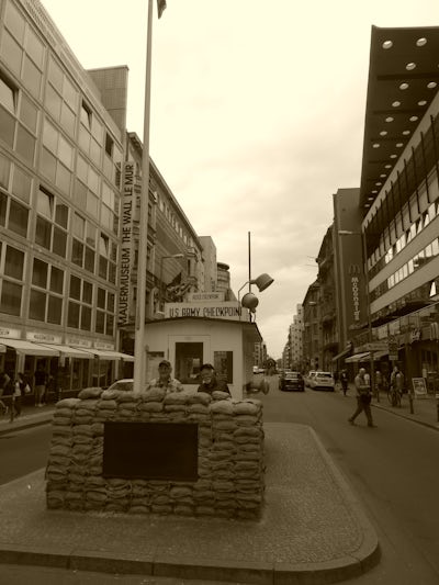 Replica of Allied Checkpoint Charlie, only entry by Allied Forces (Us,Briitish, French) into East Berlin.