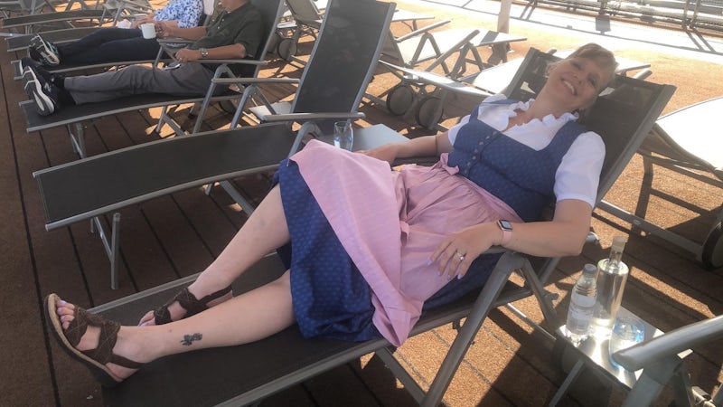 After a day of shopping in Linz, Austria, I relaxed on the deck in my new drindl. I wore it to dinner on Austria night. 