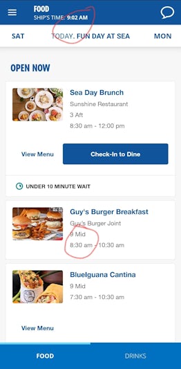 Here is a screenshot of the listed open time for Guy's Burger Bar that they suddenly removed after I went back and forth with Guest Services and back and forth to Guy's Burger Bar when they stated on the app and Guest Services that they were open, but then was told by a crew member after waiting 10 minutes for him to address me that they were not open at that time.  