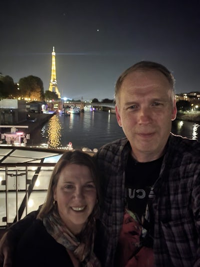 The Eiffel Tower at night as seen from the Viking Skaga deck, while docked on the Seine River in Paris.  