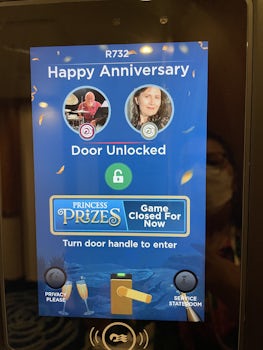 Happy Anniversary message on our door screen. Door unlocks automatically when it detects we are close by
