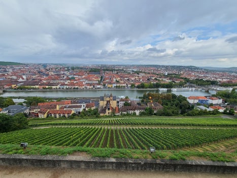 View of Wurzburg from Marienberg Fortress.  Two Viking ships docked on the river.