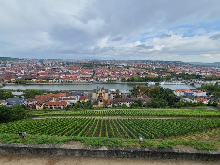 View of Wurzburg from Marienberg Fortress.  Two Viking ships docked on the river.