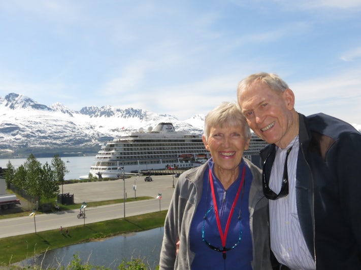My wife and I were outside of the Valdez Museum and caught both our ship Orion and the snow-capped mountain in the background.