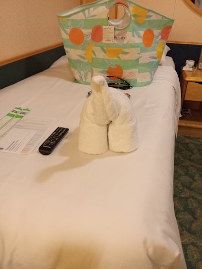 Joko's work of art. I loved returning back to my cabin and seeing the different animals he would make out of the towels. This one is an elephant 