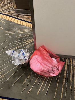 Open biohazard bag sitting in guest hallways