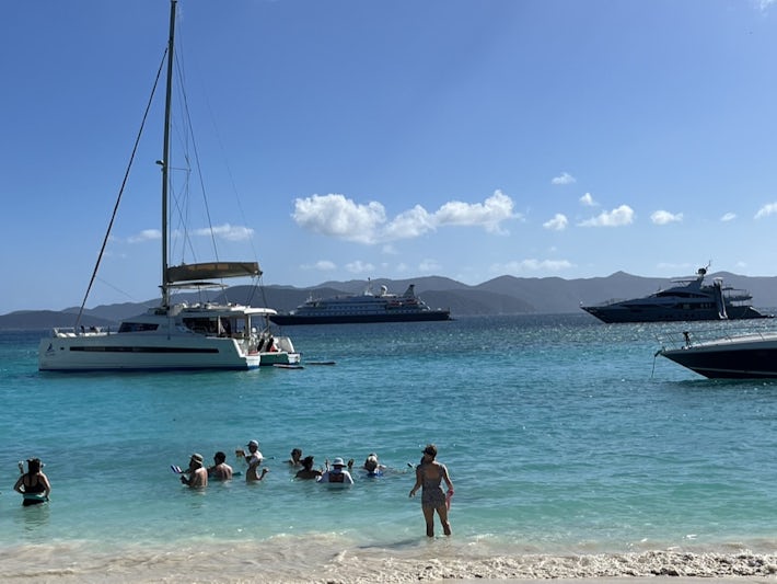 Christmas Day on White Beach, Jost Van Dyke, BVI, with Sea Dream 1 in the background.  