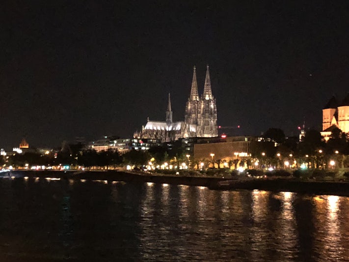 A view of the Cologne Cathedral as we sail away in the evening.