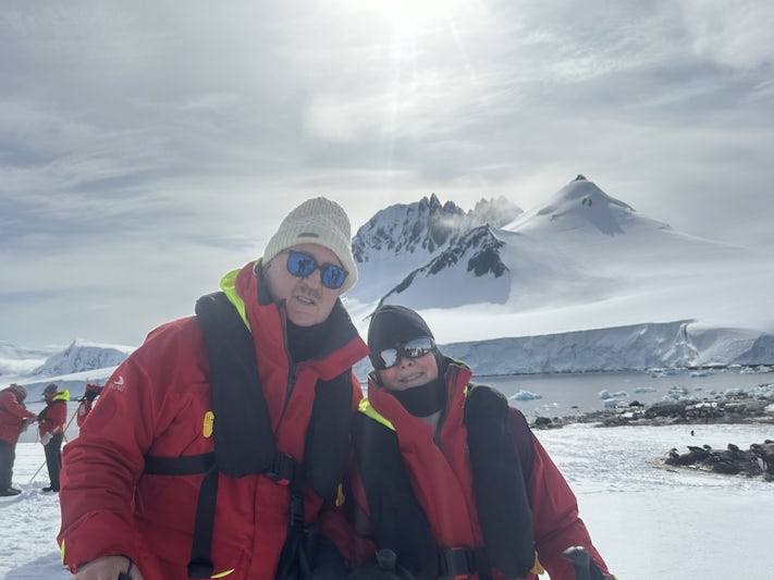 This is picture of my wife and I on our first of many landings on Antartica. To say that the scenery was spectacular would be a real understatement. 