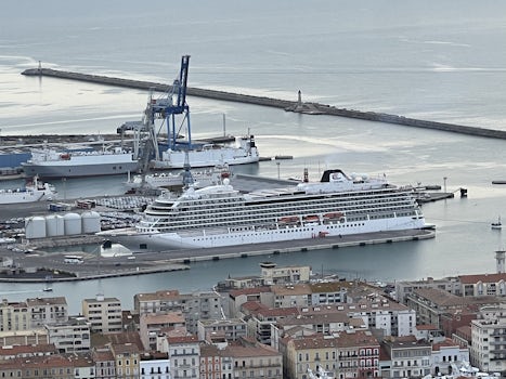 Viking Sky docked in a French port.  