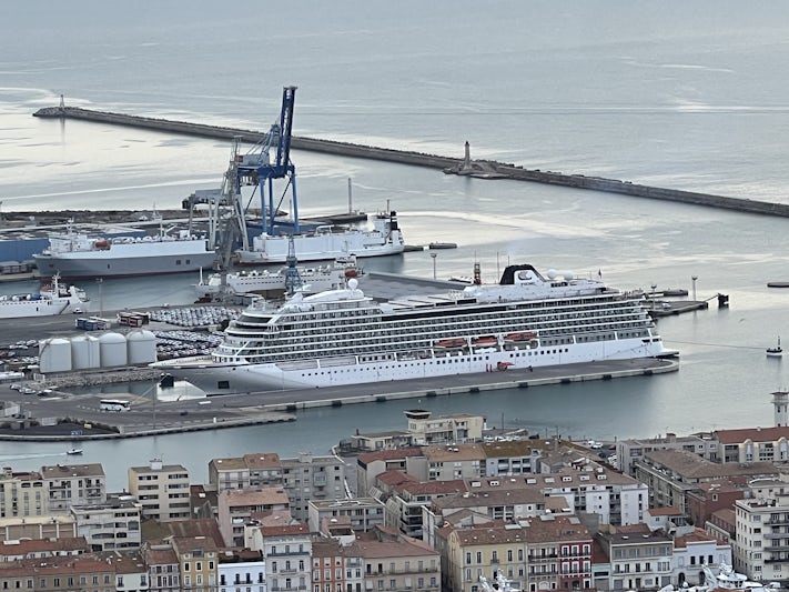 Viking Sky docked in a French port.  