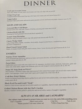 Dinner menu.  Steak and Lobster every night 