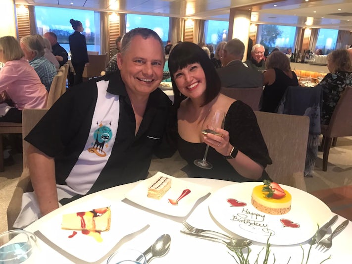 Celebrating my wife's birthday with a very tasty cake prepared by the Viking staff the last night of our Rhine Getaway cruise.