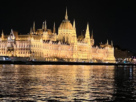 View of the Hungarian Parliament from the Danube dinner cruise boat. 