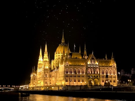 Parliament Building at night, taken from the ship on the Danube; Budapest