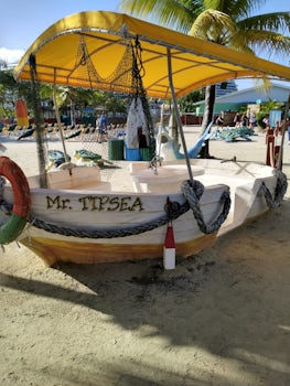 One of the picnic table boats at Mahogany Bay Free Beach
