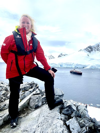On the Antarctic continent with MS Roald Amundsen in the distance 