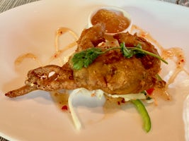 Spiced soft-shell crab with coriander & mint raita & chilli mango chutney In East to West.