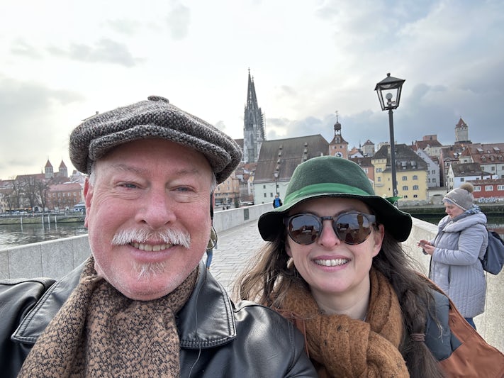 My daughter and I on the old stone bridge with Regensburg, Germany behind us.