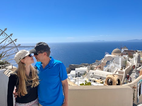 My husband and I sharing a moment in Santorini