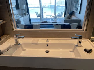 Sky Suite.  Taken from bathroom, overlooking bed, living area, balcony, sea