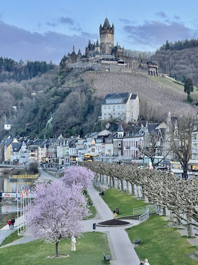 View of Cochem,, Germany & the castle that sits above the town along the Moselle river valley