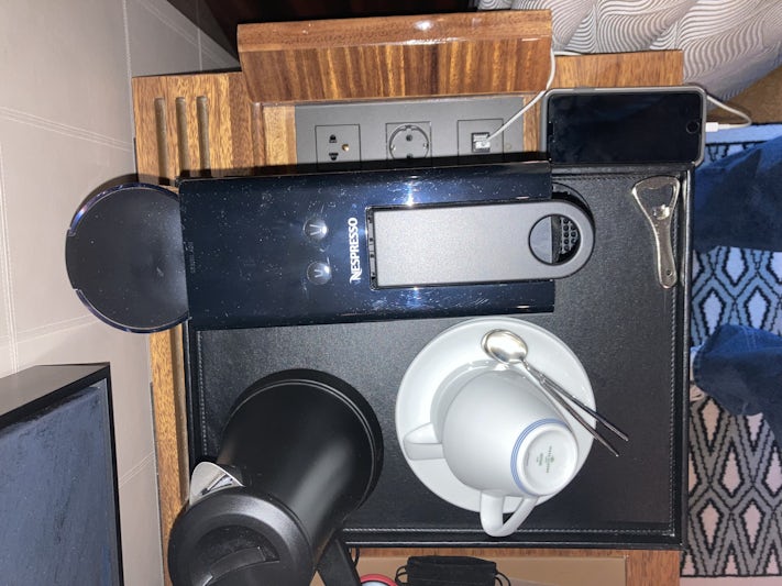 Desk with Nespresso and power strip
