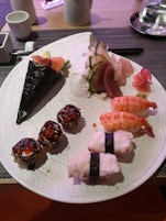 Main part of the sushi experience, but there's also a couple of starters and desert in addition to this. It was very good quality, and enjoyable people watching from the balcony into the main ship shopping area. 
