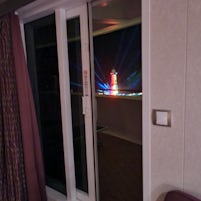 View from our cabin door of the private island light show.