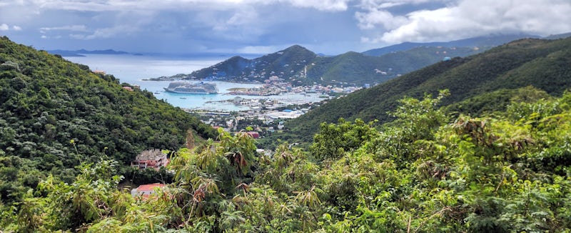 Jungle of Tortola looking at harbor. Viking Sea in the distance