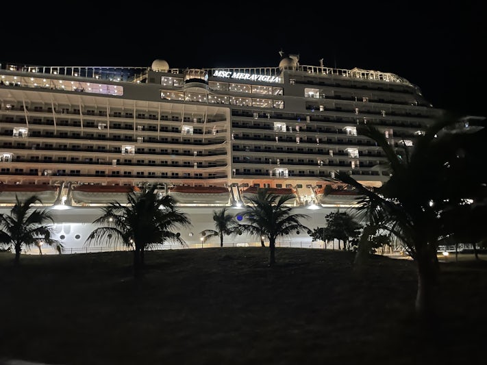 The MSC Meraviglia at night during the night party at Ocean Cay.