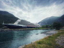 This is photo of the ship docked at one of the ports in the Fjords. 